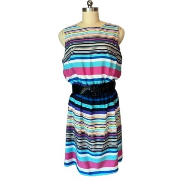 Shelby & Palmer Multicolor Striped Dress with Black Patent Leather Belt NWOT - Picture 1 of 4